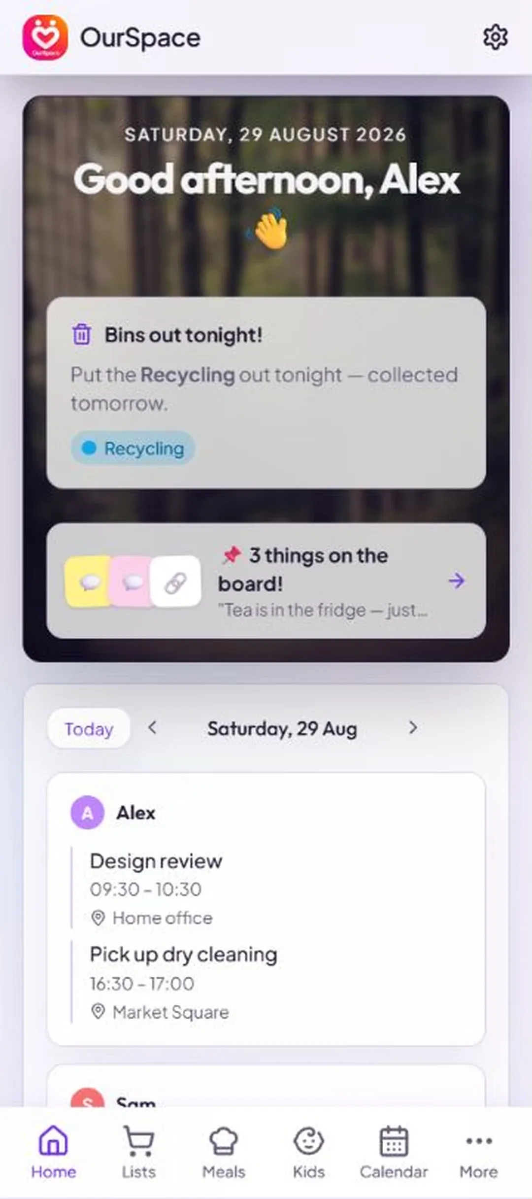 The OurSpace household app home screen