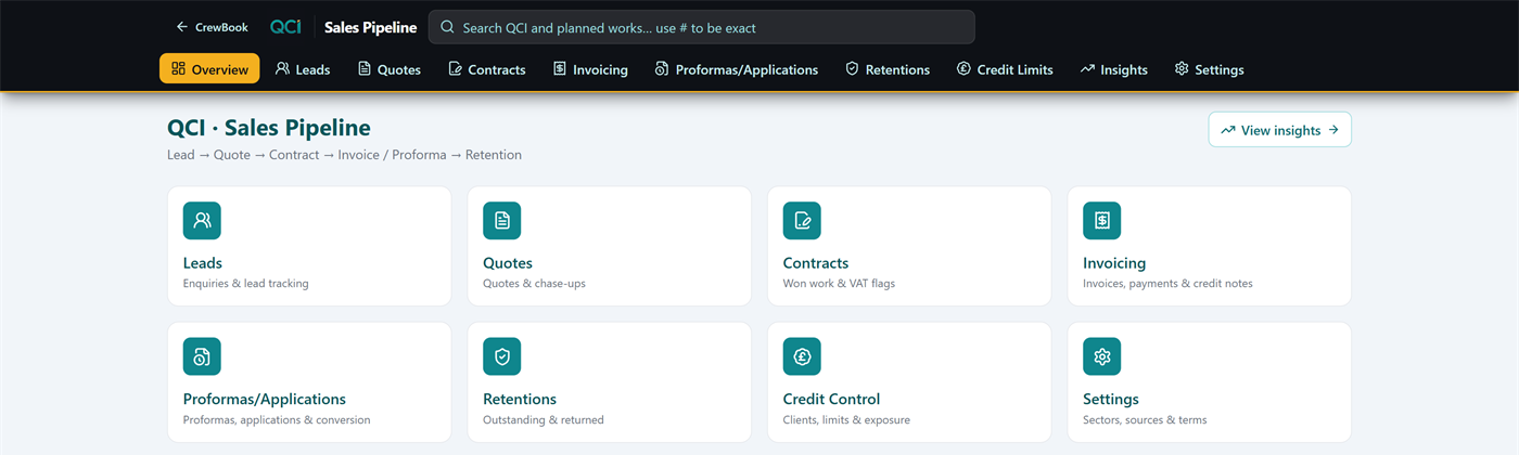QCI's overview: eight modules — leads, quotes, contracts, invoicing, proformas and applications, retentions, credit control and settings